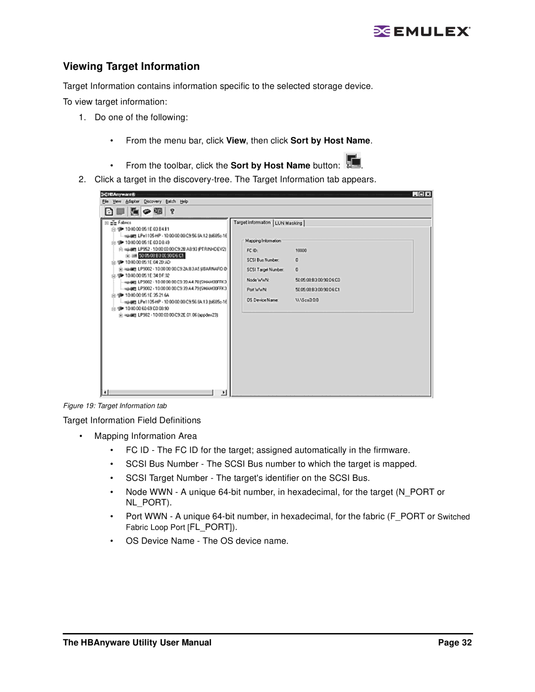 Emulex 3.4 user manual Viewing Target Information, Target Information tab 