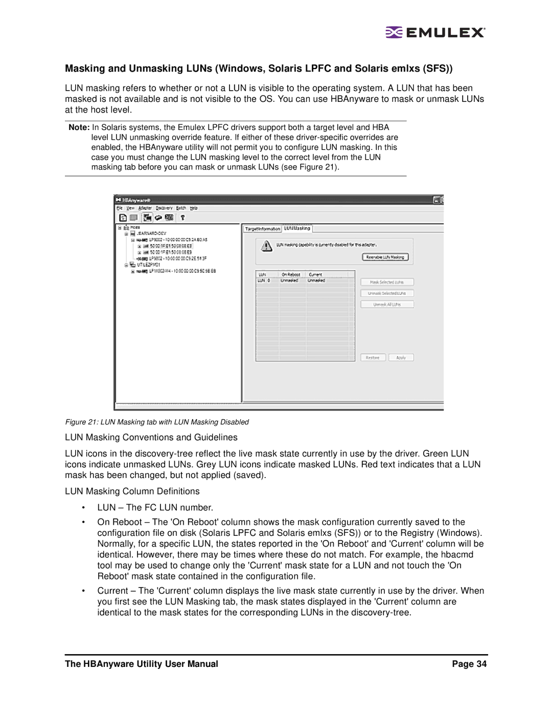 Emulex 3.4 user manual LUN Masking tab with LUN Masking Disabled 