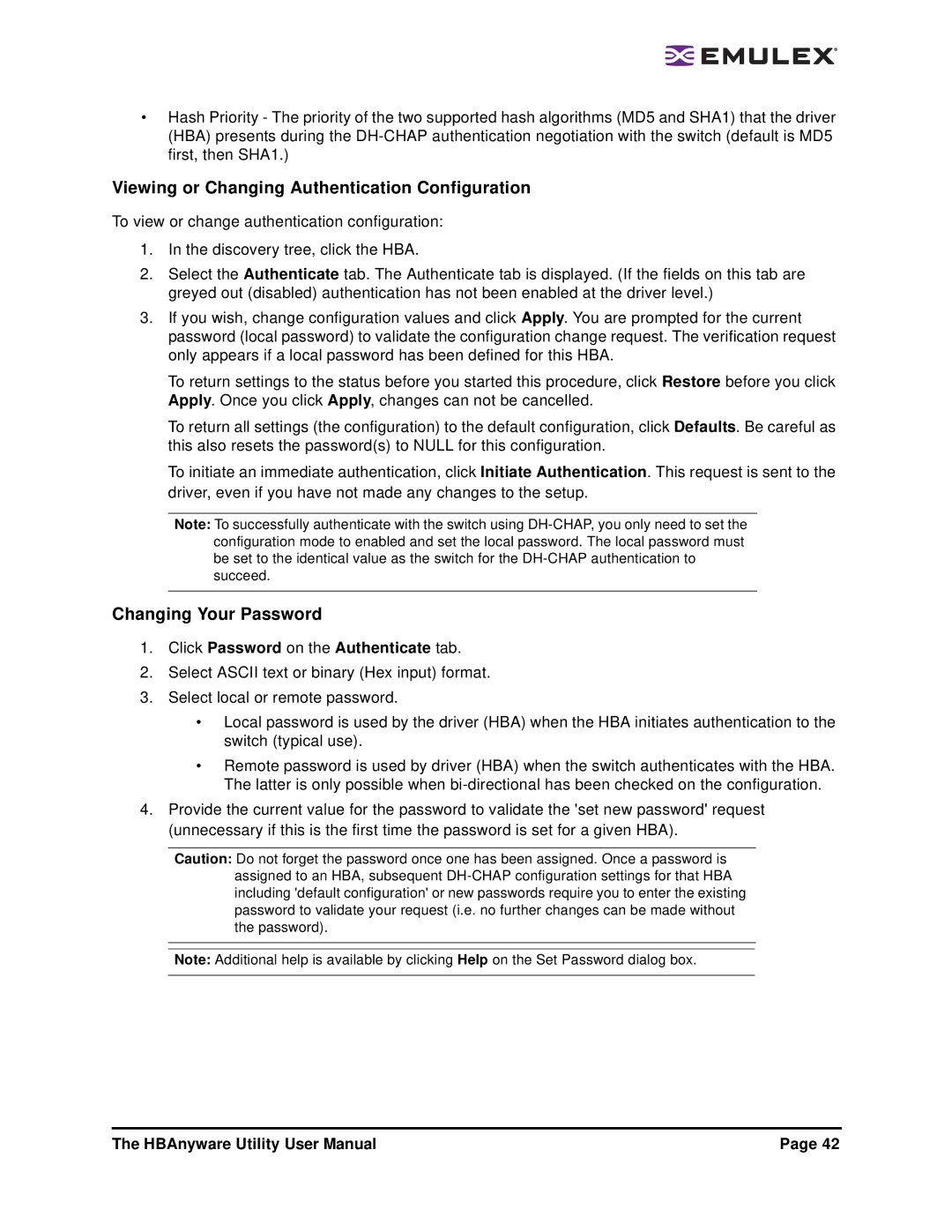 Emulex 3.4 user manual Viewing or Changing Authentication Configuration, Changing Your Password 