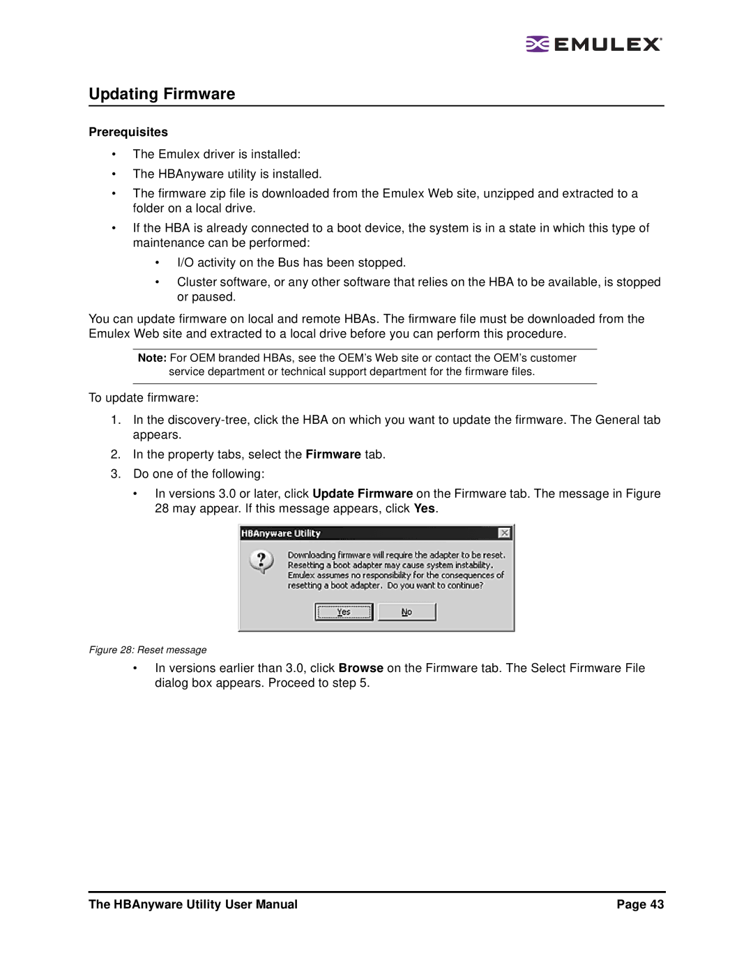 Emulex 3.4 user manual Updating Firmware, Prerequisites 