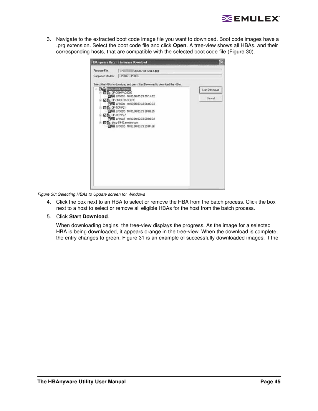 Emulex 3.4 user manual Click Start Download, Selecting HBAs to Update screen for Windows 