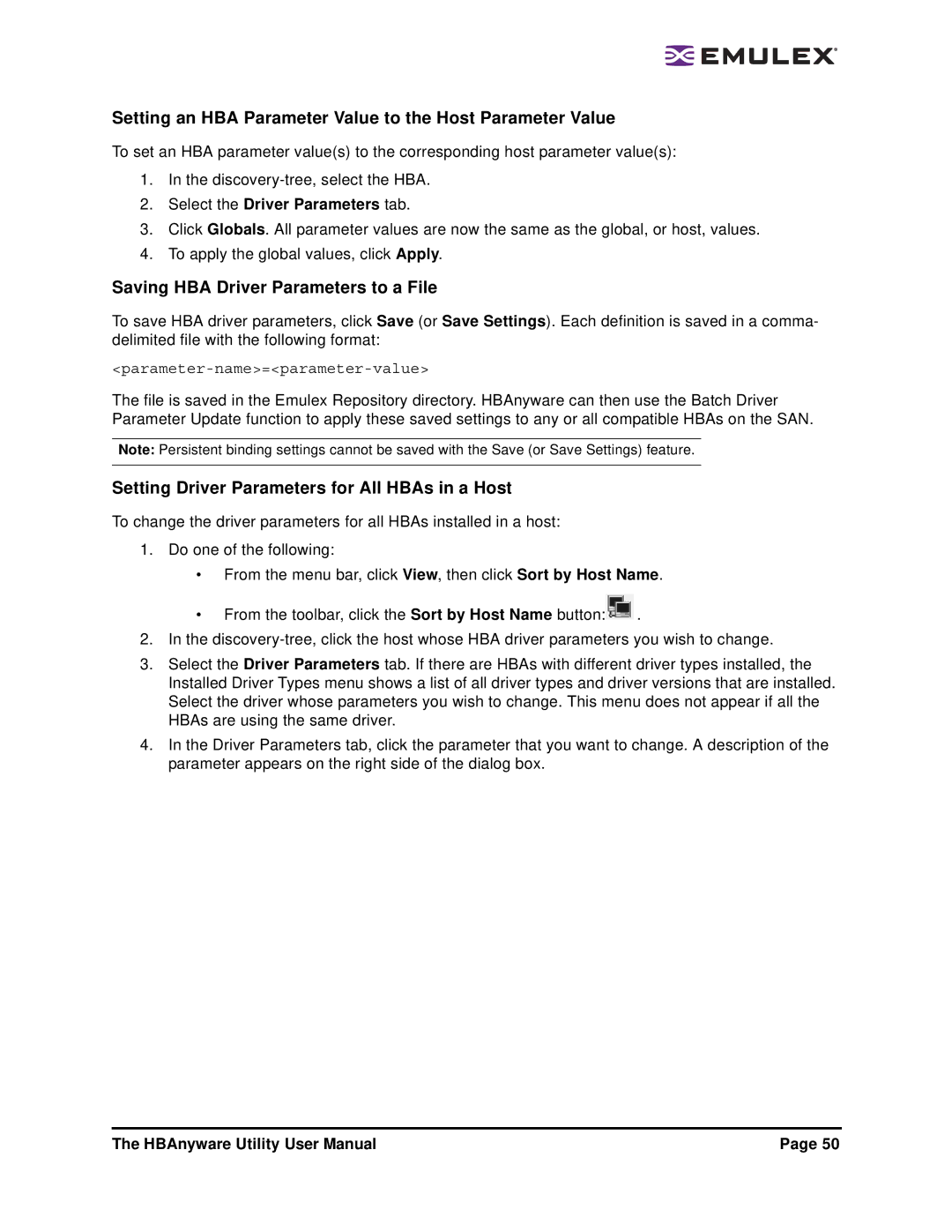 Emulex 3.4 user manual Setting an HBA Parameter Value to the Host Parameter Value, Saving HBA Driver Parameters to a File 