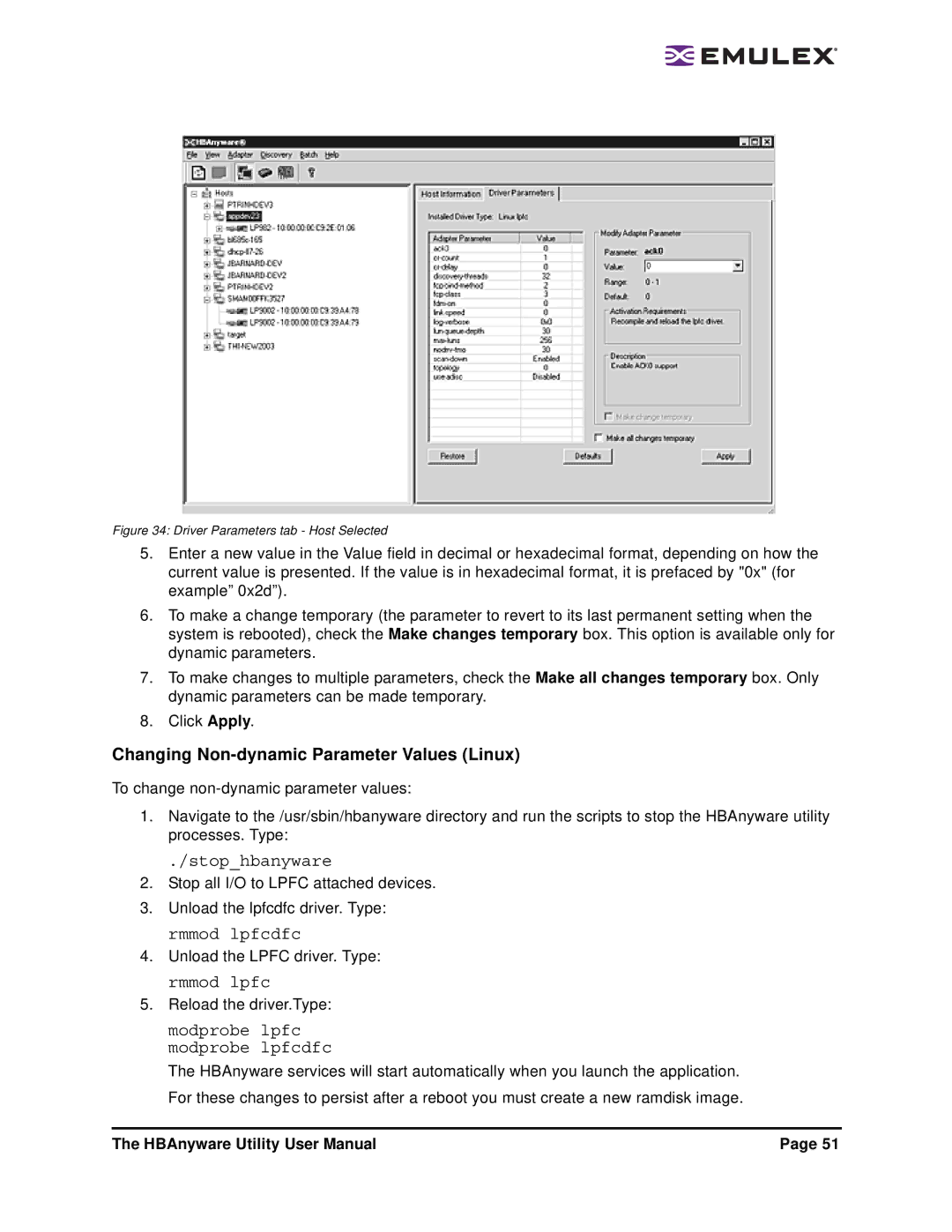 Emulex 3.4 user manual Changing Non-dynamic Parameter Values Linux, Stophbanyware 