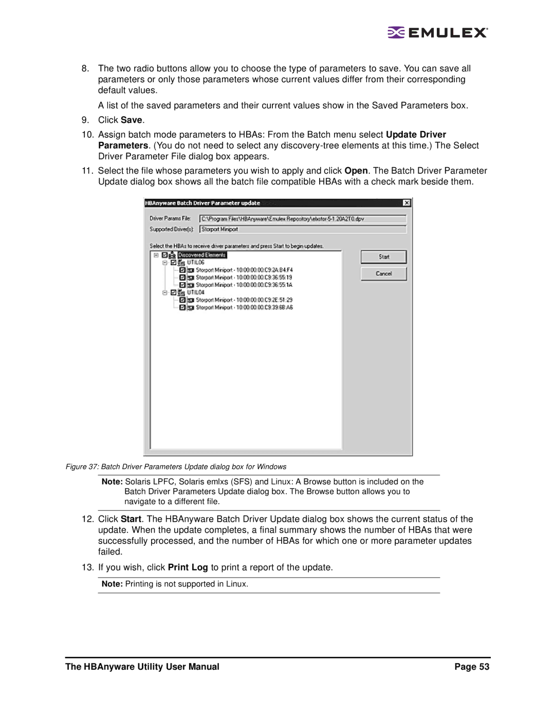 Emulex 3.4 user manual Batch Driver Parameters Update dialog box for Windows 