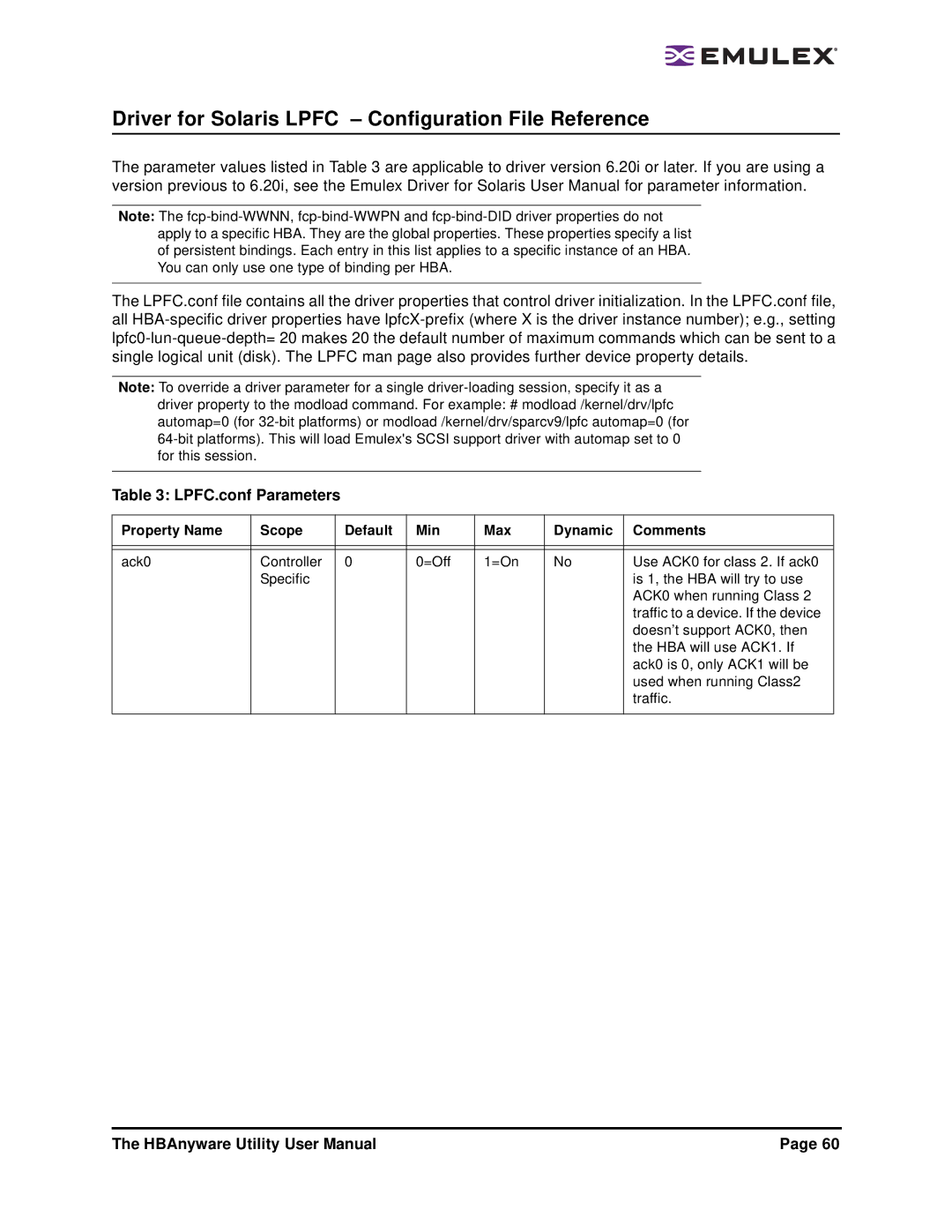 Emulex 3.4 user manual Driver for Solaris Lpfc Configuration File Reference, LPFC.conf Parameters 