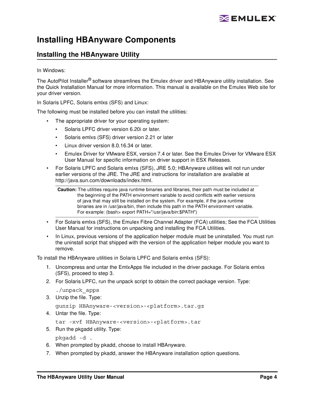 Emulex 3.4 user manual Installing HBAnyware Components, Installing the HBAnyware Utility 