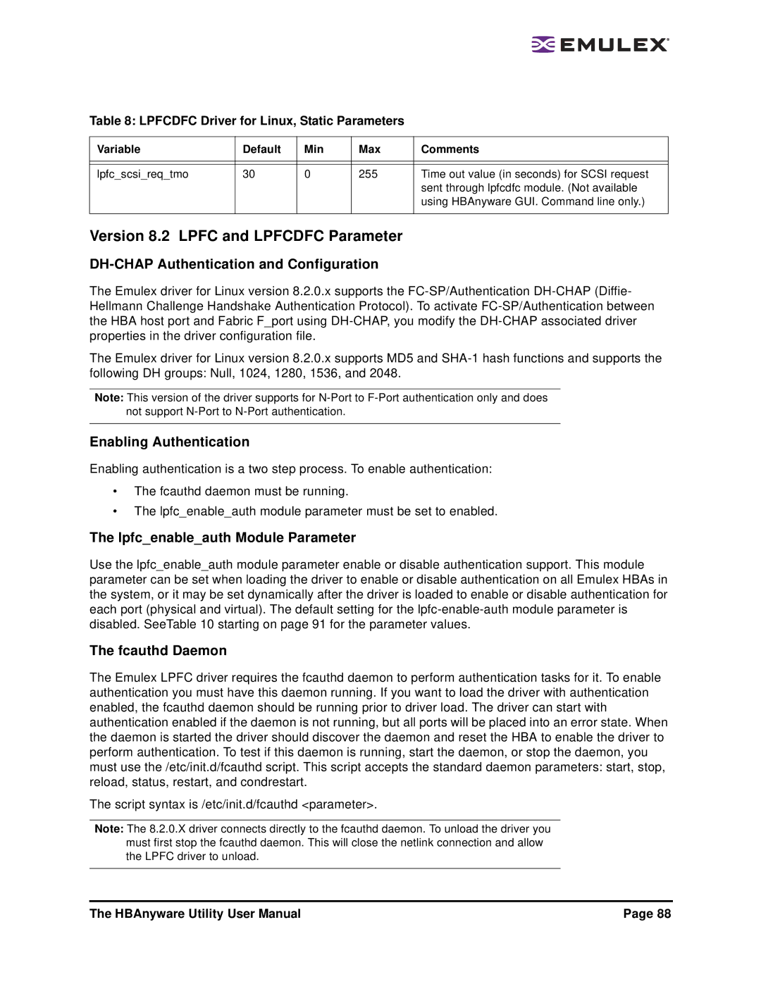 Emulex 3.4 Version 8.2 Lpfc and Lpfcdfc Parameter, DH-CHAP Authentication and Configuration, Enabling Authentication 