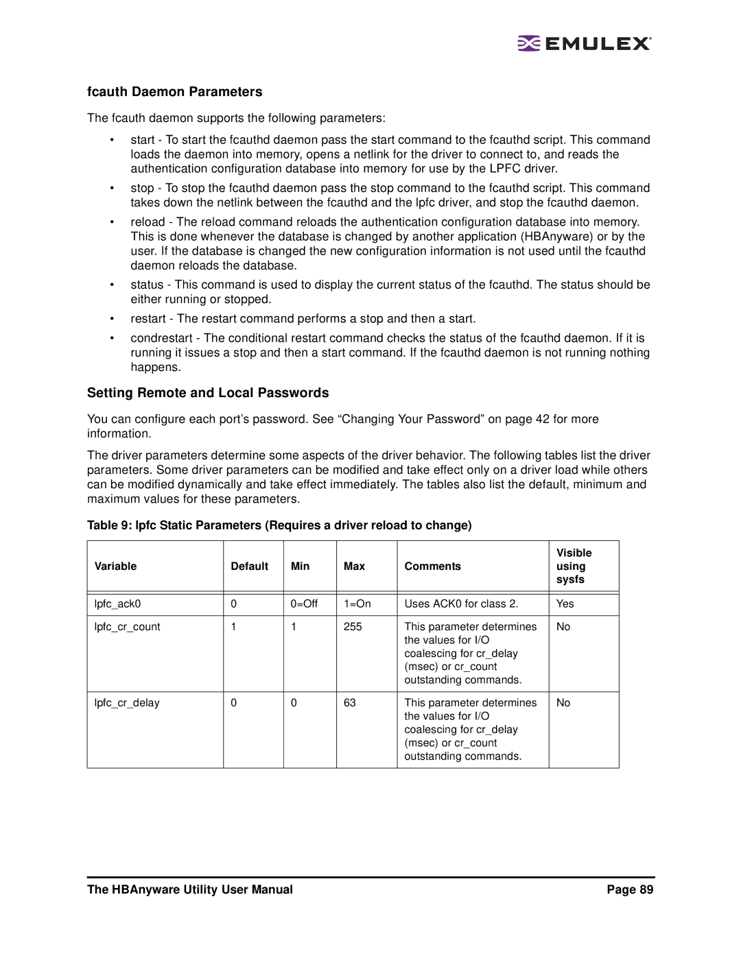 Emulex 3.4 user manual Fcauth Daemon Parameters, Setting Remote and Local Passwords 