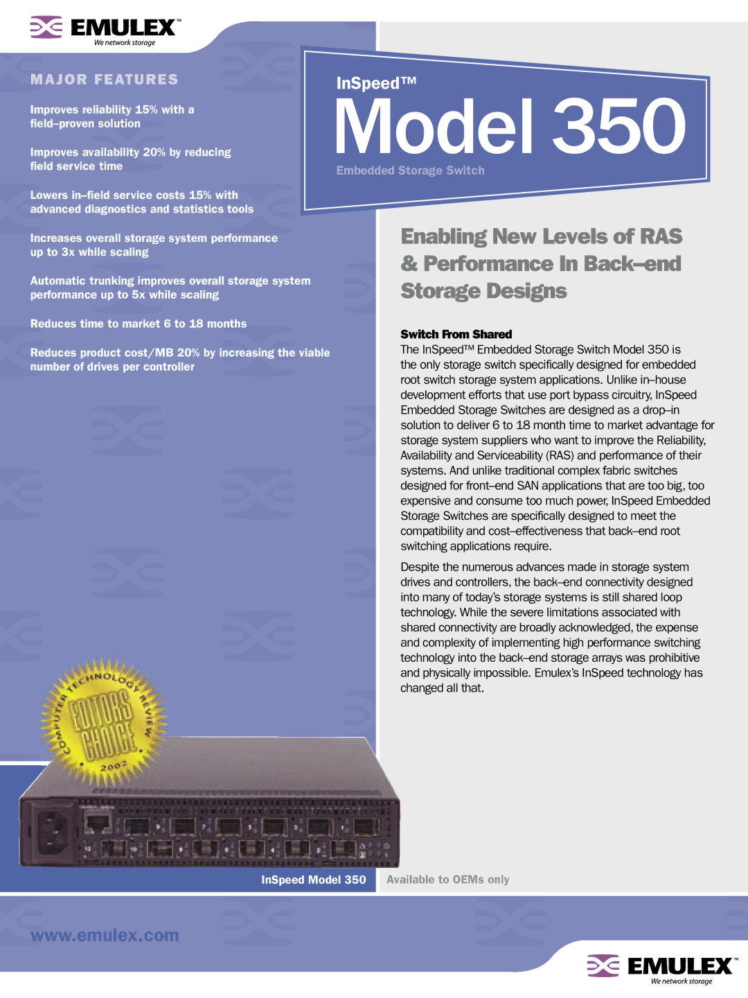 Emulex 350 manual Major Features, Switch From Shared 