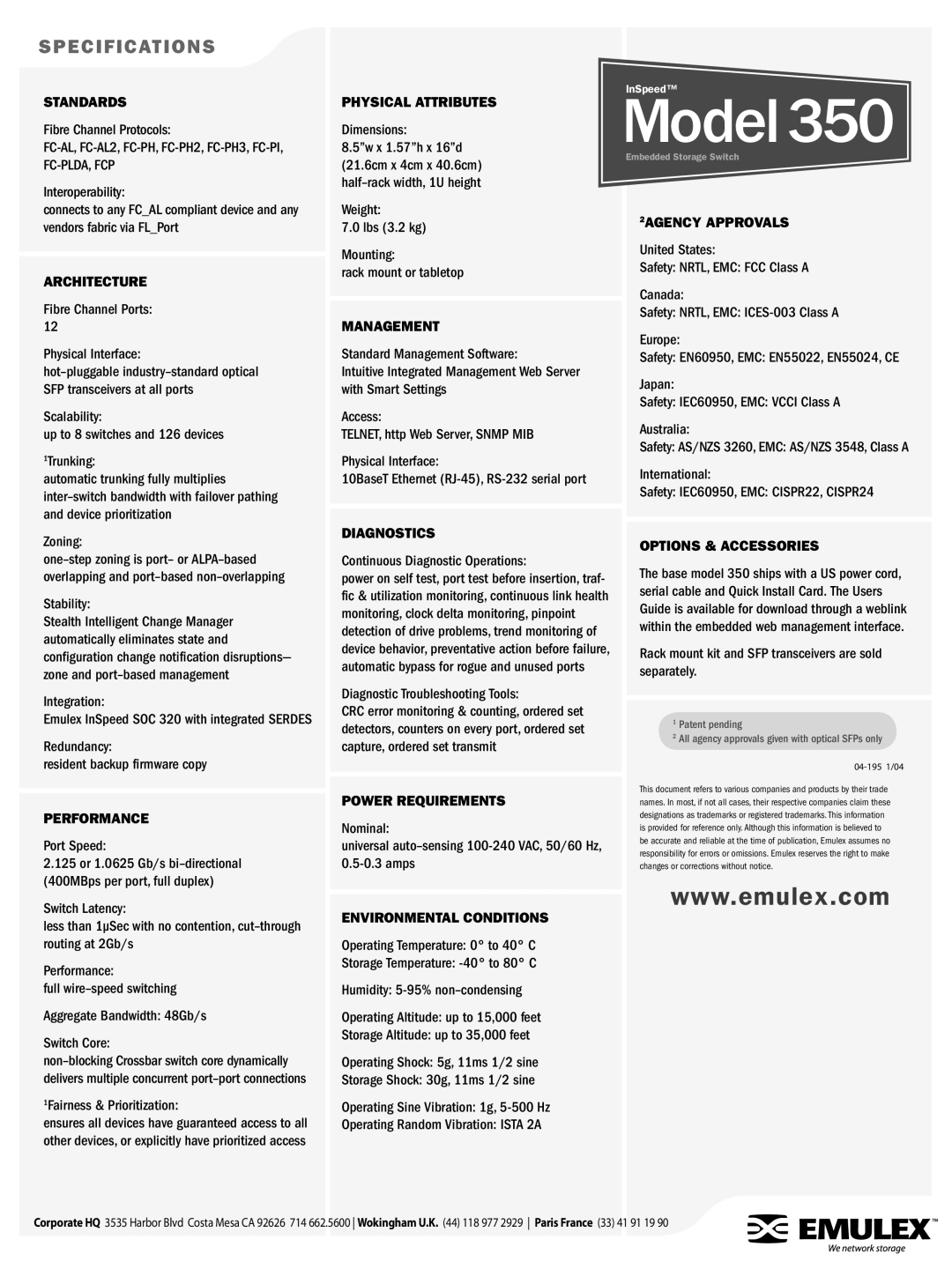 Emulex 350 manual Model 