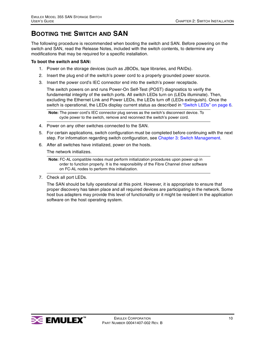 Emulex 355 manual Booting the Switch and SAN, To boot the switch and SAN 