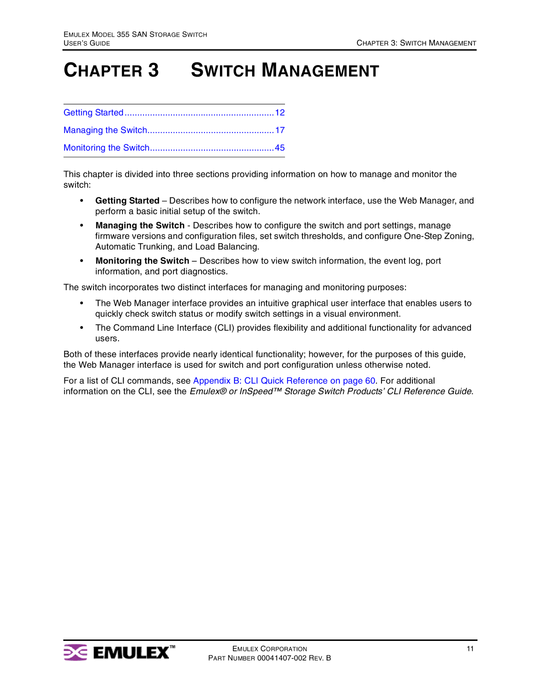 Emulex 355 manual Chapter Switch Management 