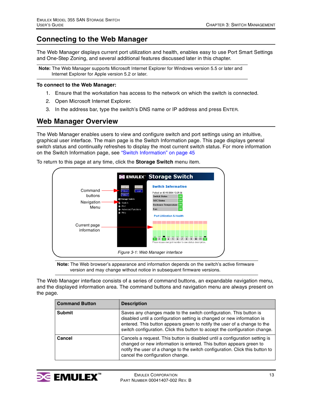 Emulex 355 manual Connecting to the Web Manager, Web Manager Overview, To connect to the Web Manager, Cancel 