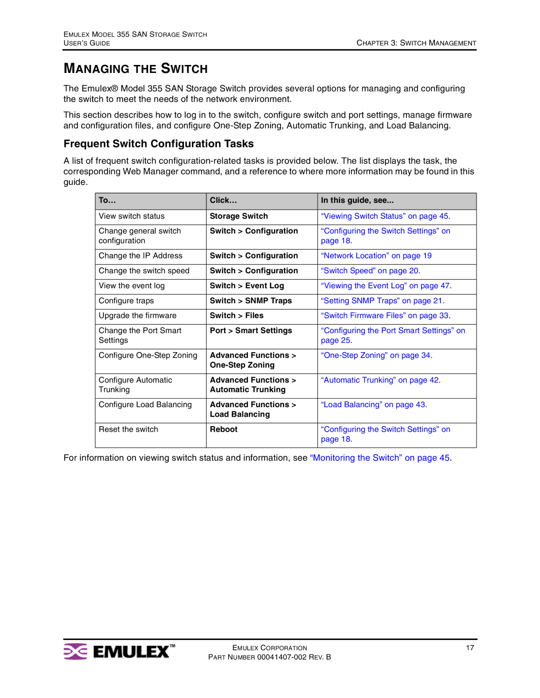 Emulex 355 manual Managing the Switch, Frequent Switch Configuration Tasks 