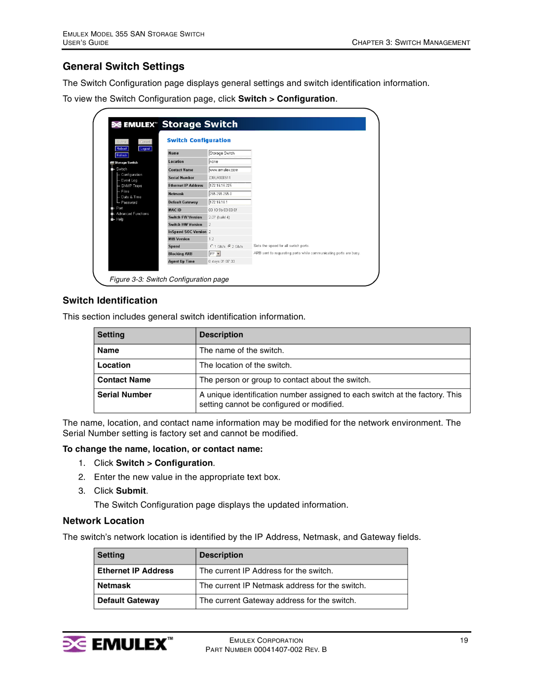 Emulex 355 manual General Switch Settings, Switch Identification, Network Location 