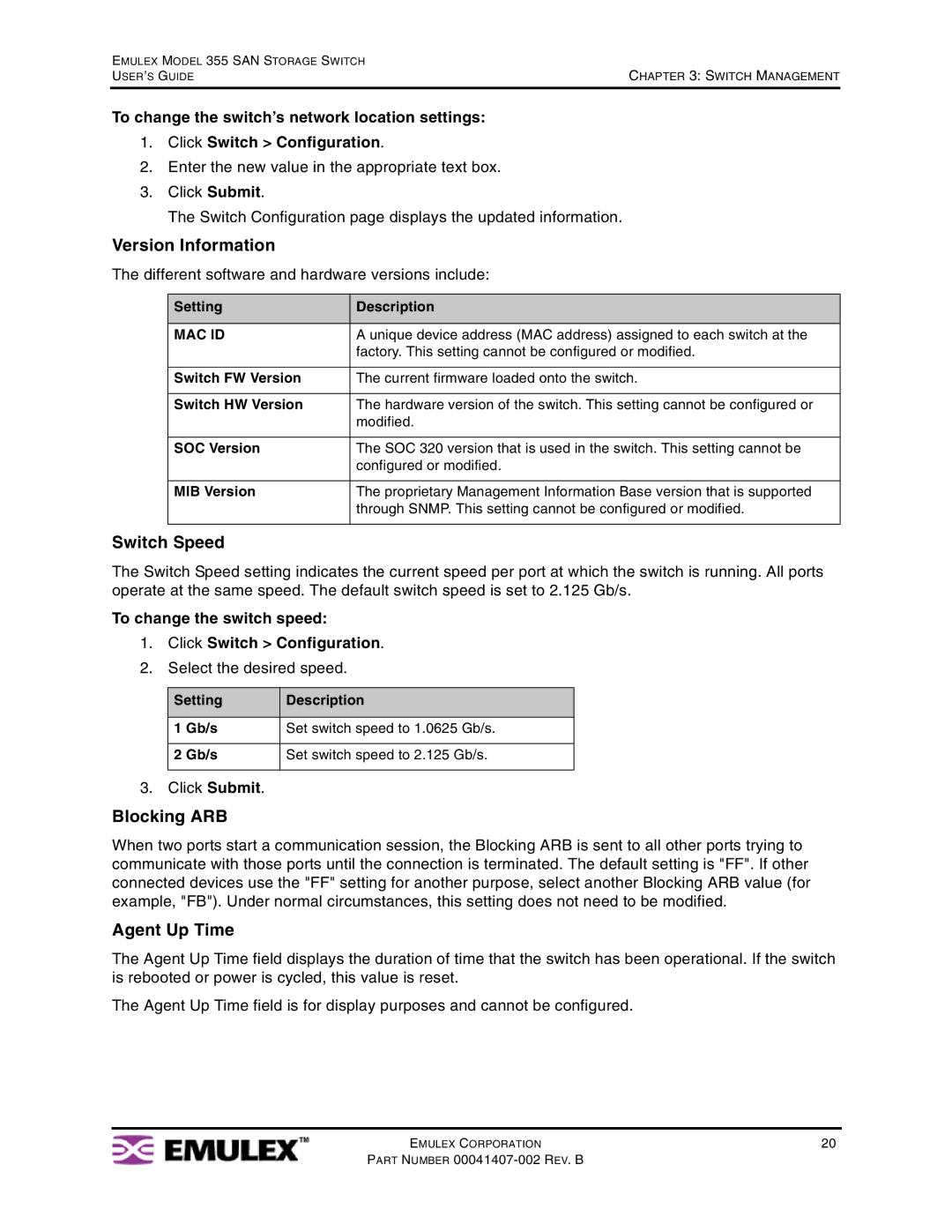 Emulex 355 manual Version Information, Switch Speed, Blocking ARB, Agent Up Time 