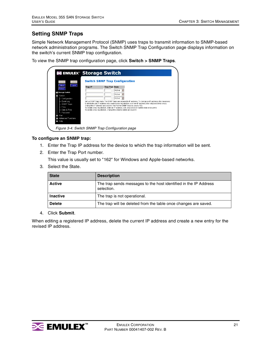 Emulex 355 manual Setting Snmp Traps, To configure an Snmp trap 