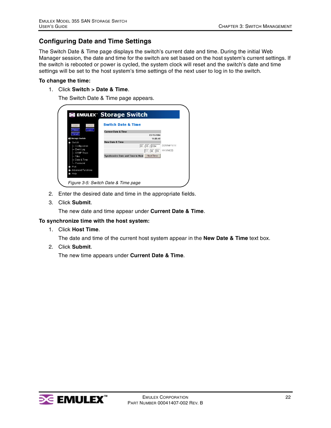 Emulex 355 manual Configuring Date and Time Settings, To change the time Click Switch Date & Time 