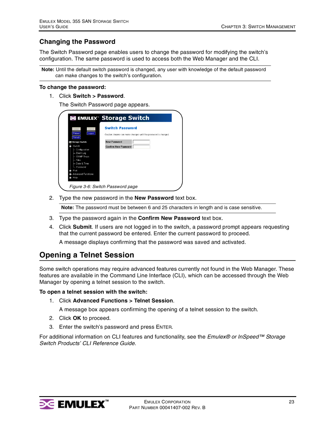 Emulex 355 manual Opening a Telnet Session, Changing the Password, Switch Password page appears 