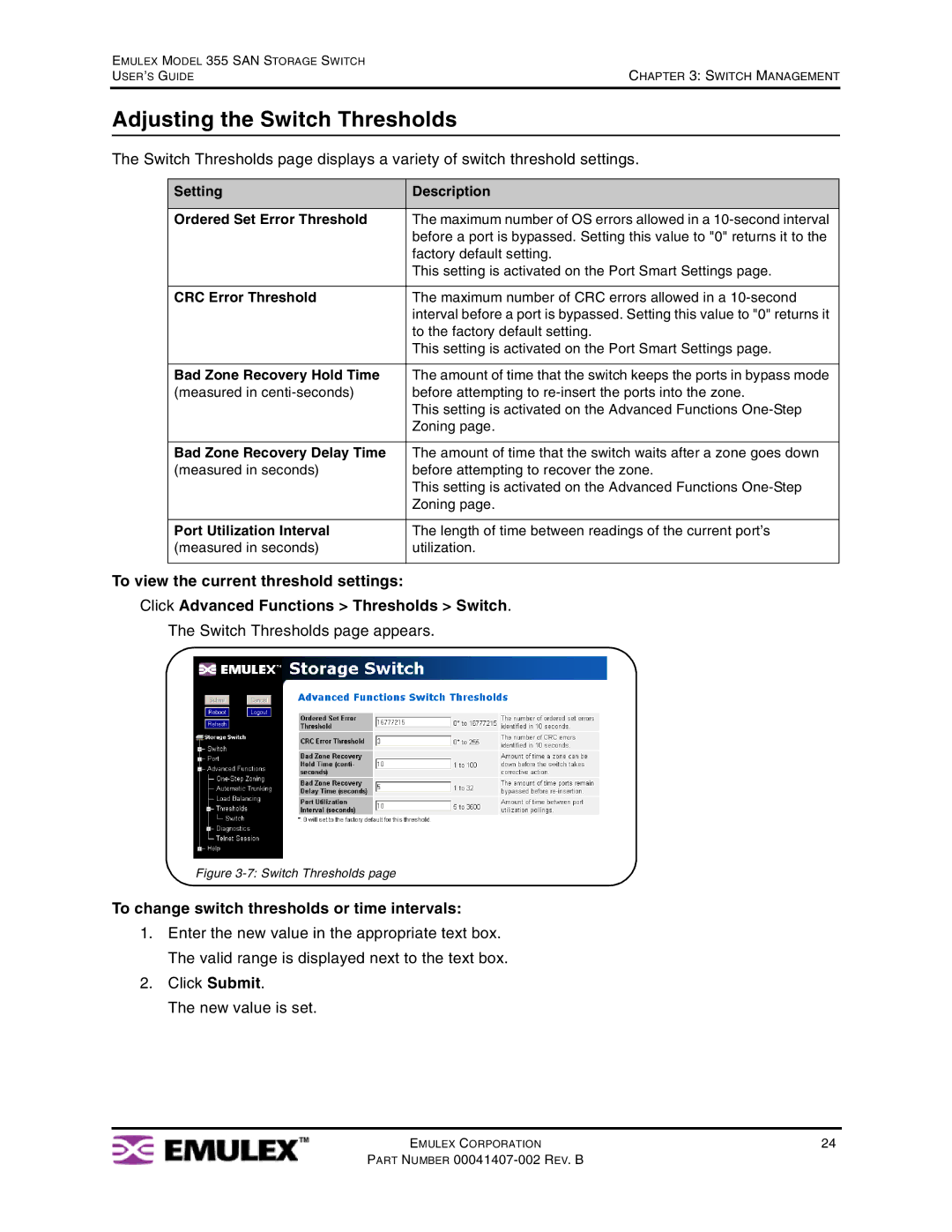 Emulex 355 Adjusting the Switch Thresholds, Switch Thresholds page appears, To change switch thresholds or time intervals 