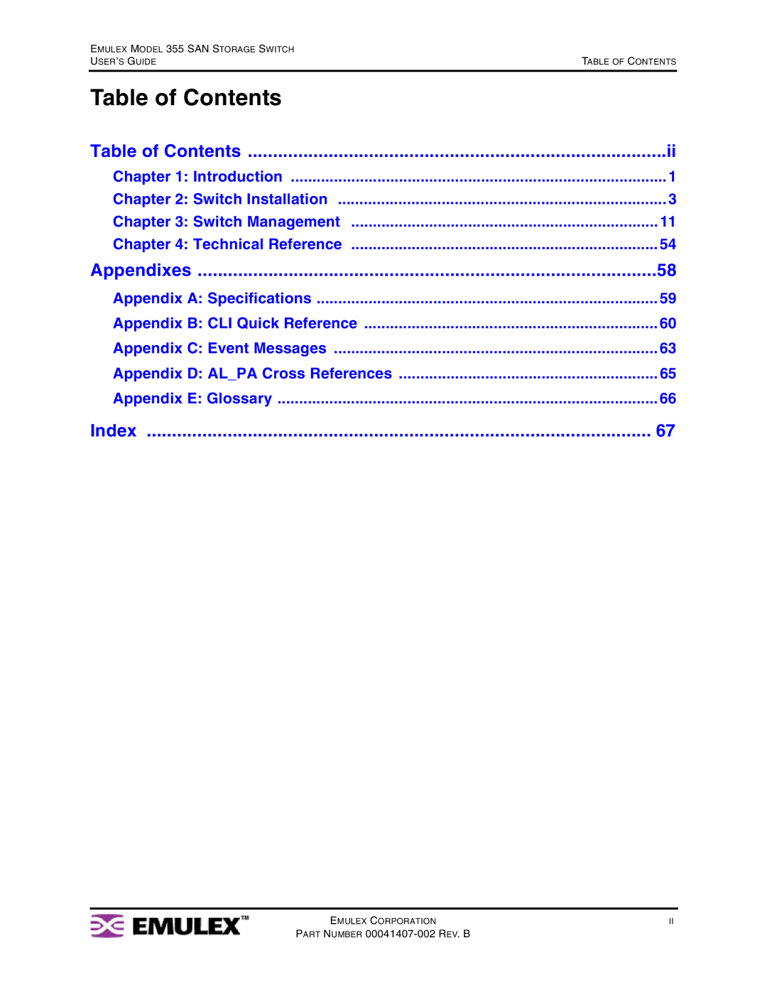 Emulex 355 manual Table of Contents 