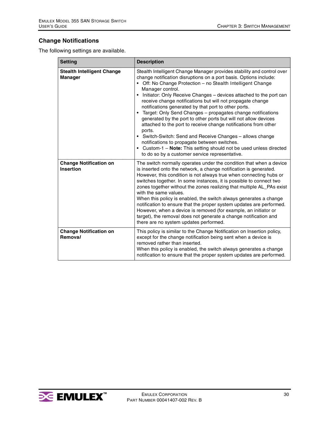 Emulex 355 Change Notifications, Setting Description Stealth Intelligent Change, Manager, Change Notification on, Remova l 