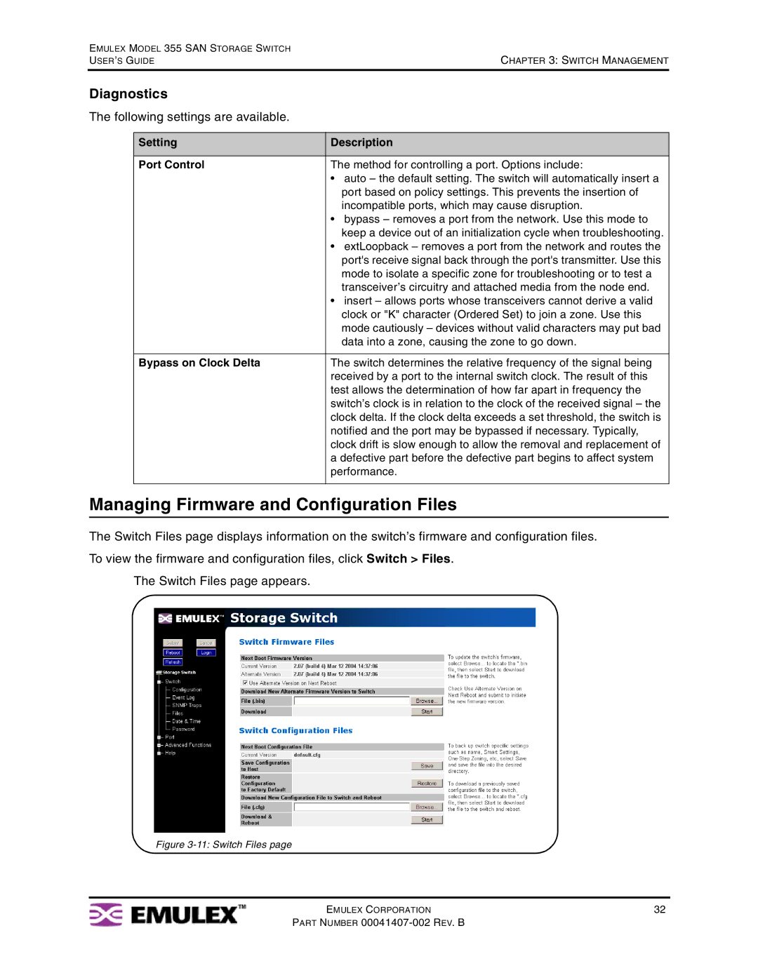 Emulex 355 Managing Firmware and Configuration Files, Diagnostics, Setting Description Port Control, Bypass on Clock Delta 