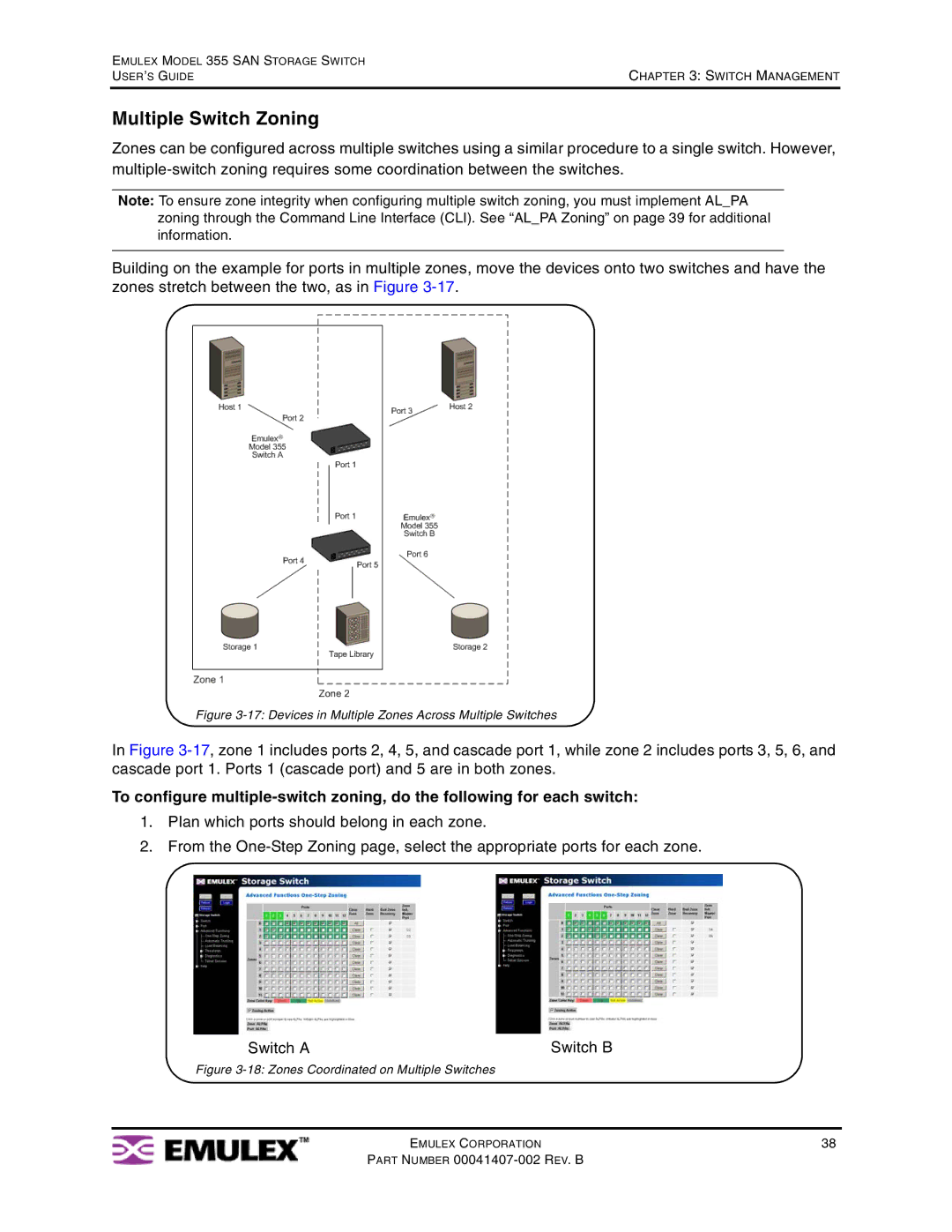 Emulex 355 manual Multiple Switch Zoning, Devices in Multiple Zones Across Multiple Switches 