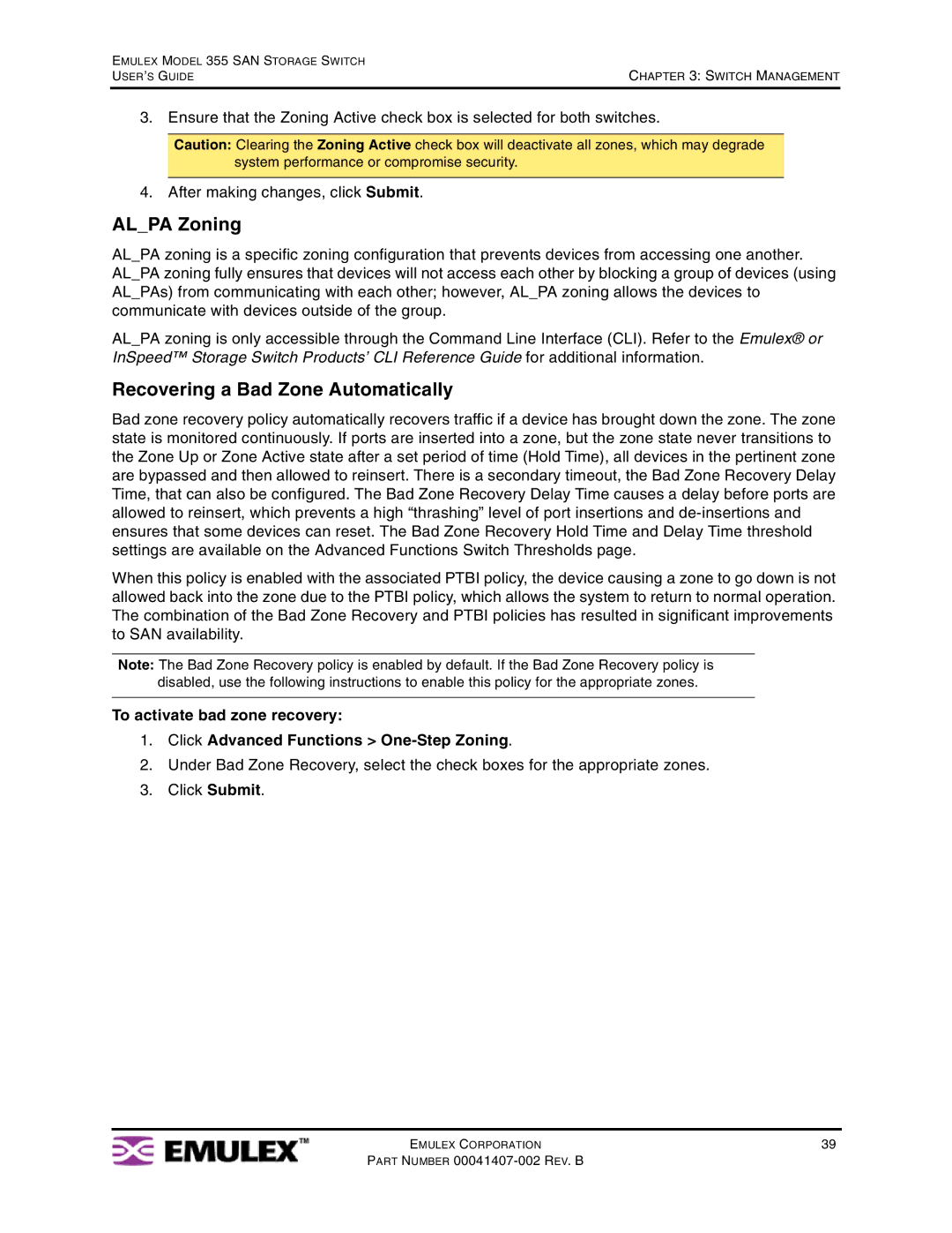 Emulex 355 manual Alpa Zoning, Recovering a Bad Zone Automatically 