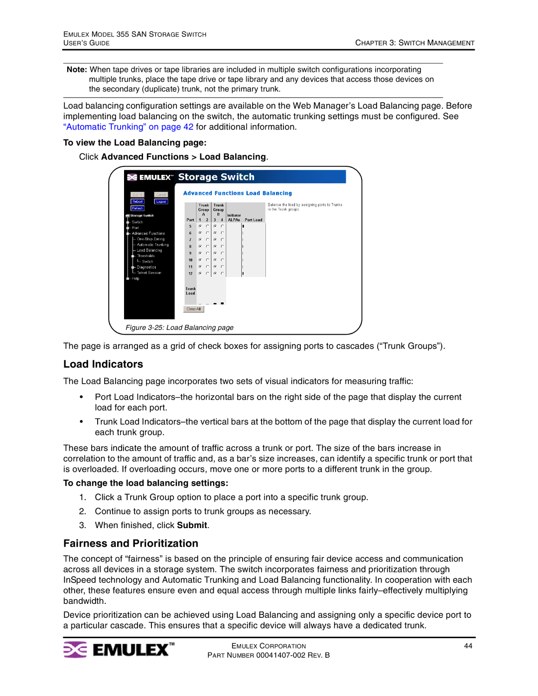 Emulex 355 manual Load Indicators, Fairness and Prioritization, To change the load balancing settings 