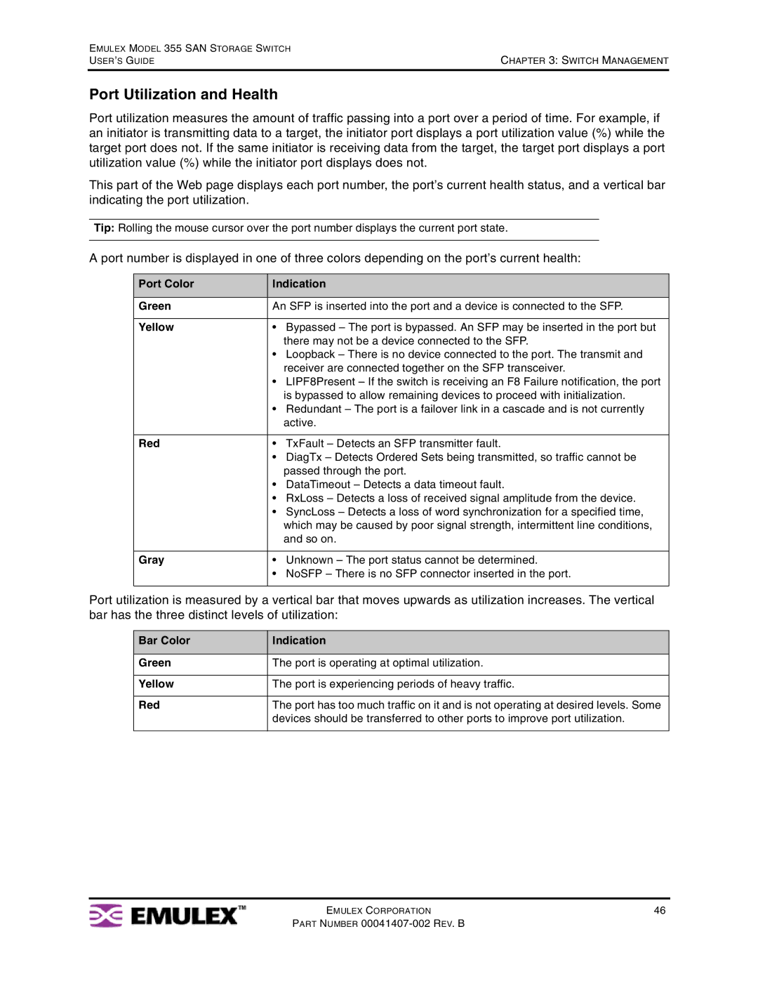 Emulex 355 manual Port Utilization and Health, Port Color Indication Green, Yellow, Red, Gray 