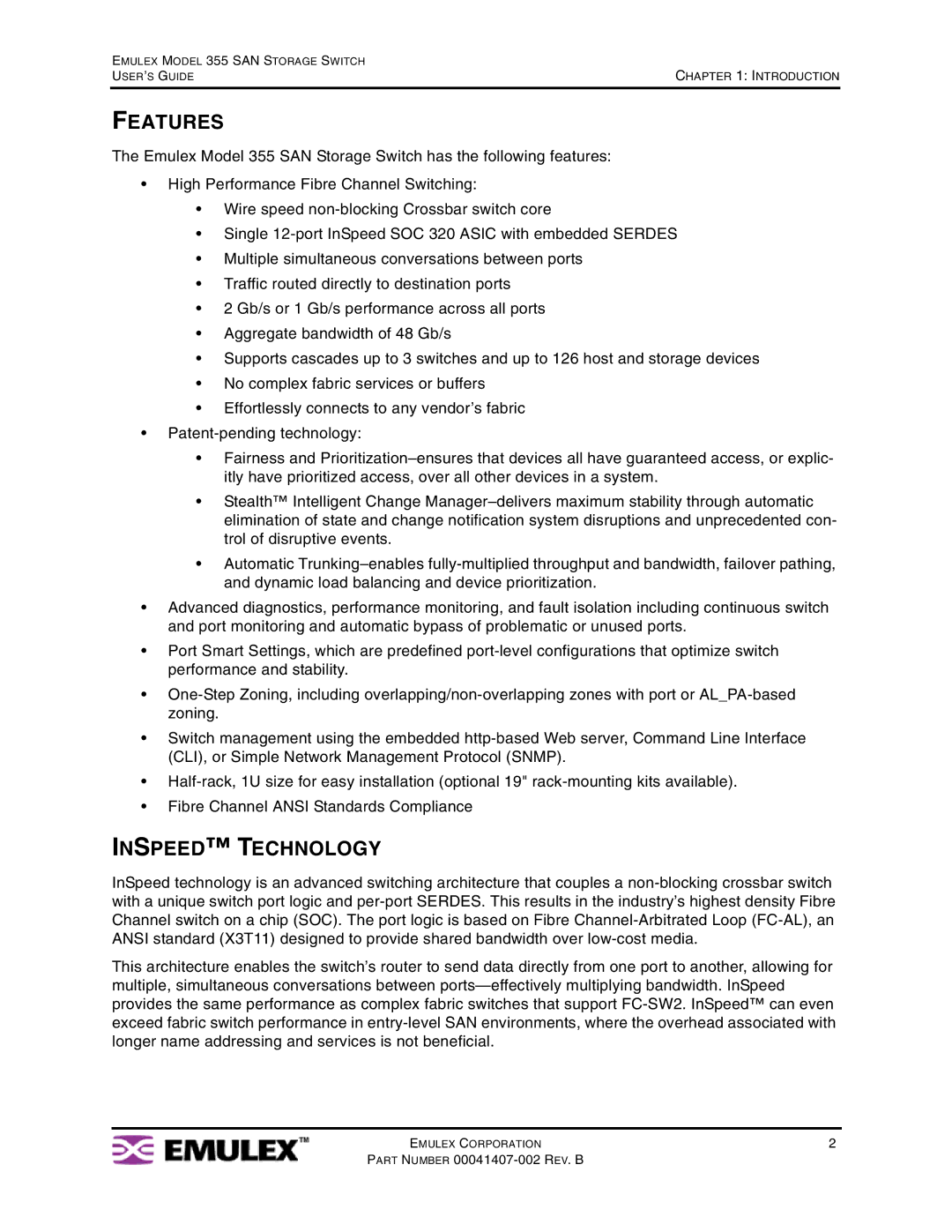 Emulex 355 manual Features, Inspeed Technology 