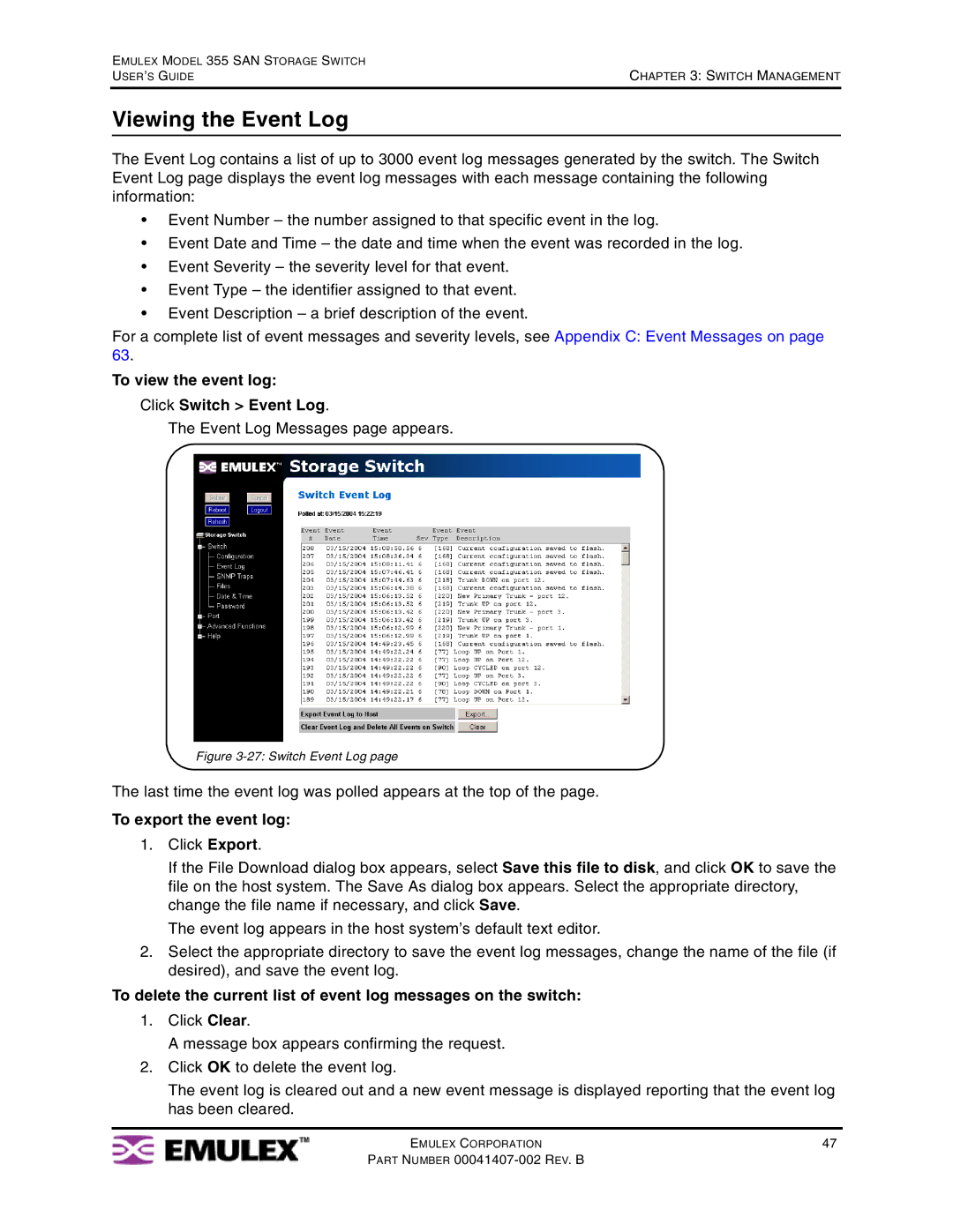 Emulex 355 manual Viewing the Event Log, To view the event log Click Switch Event Log, Event Log Messages page appears 