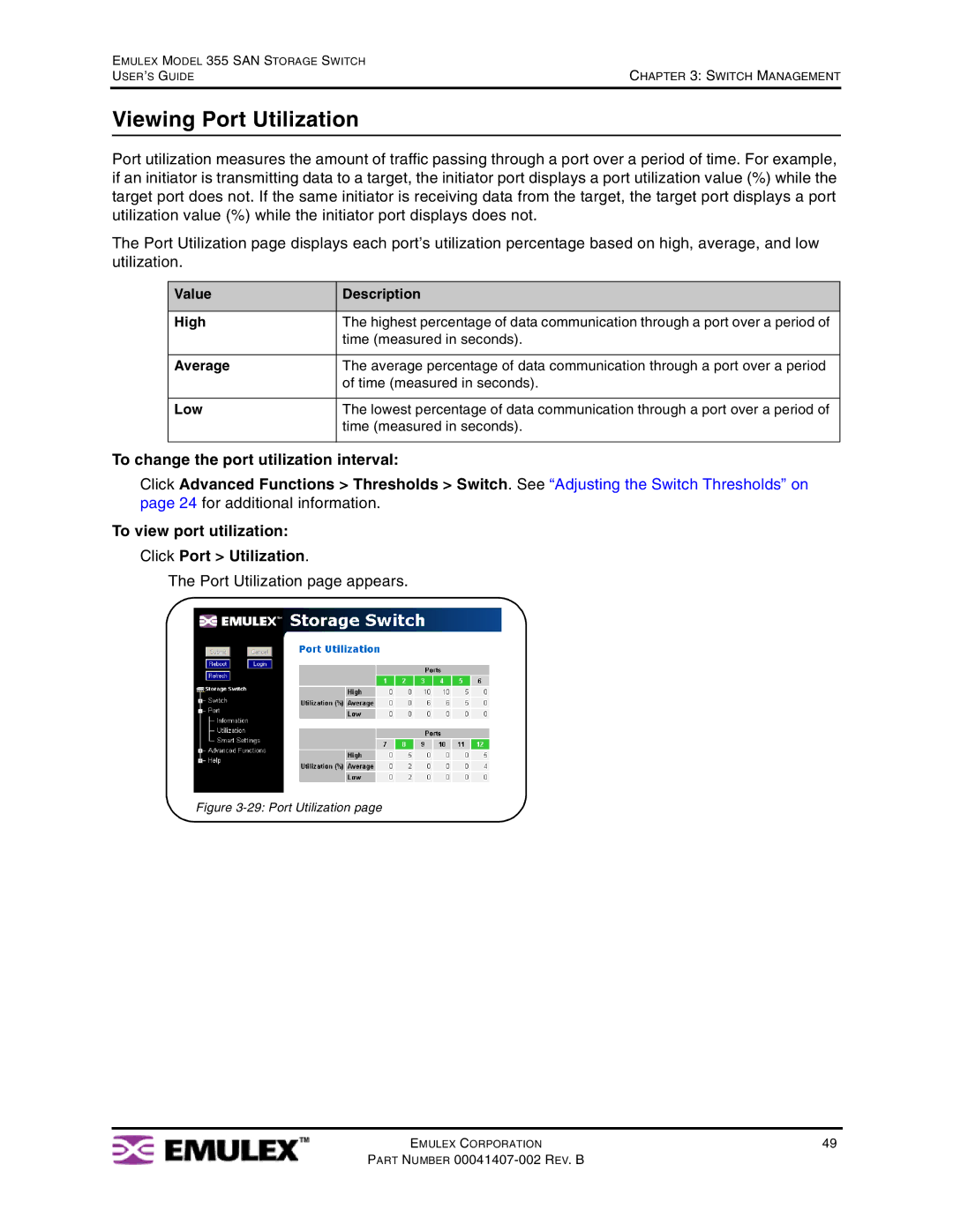 Emulex 355 manual Viewing Port Utilization, Port Utilization page appears, Value Description High, Average, Low 