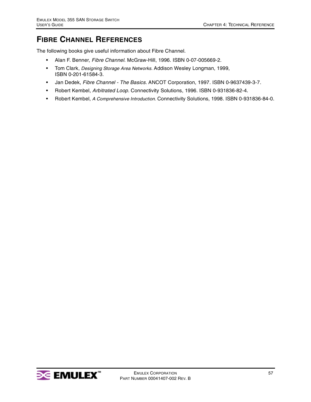 Emulex 355 manual Fibre Channel References 