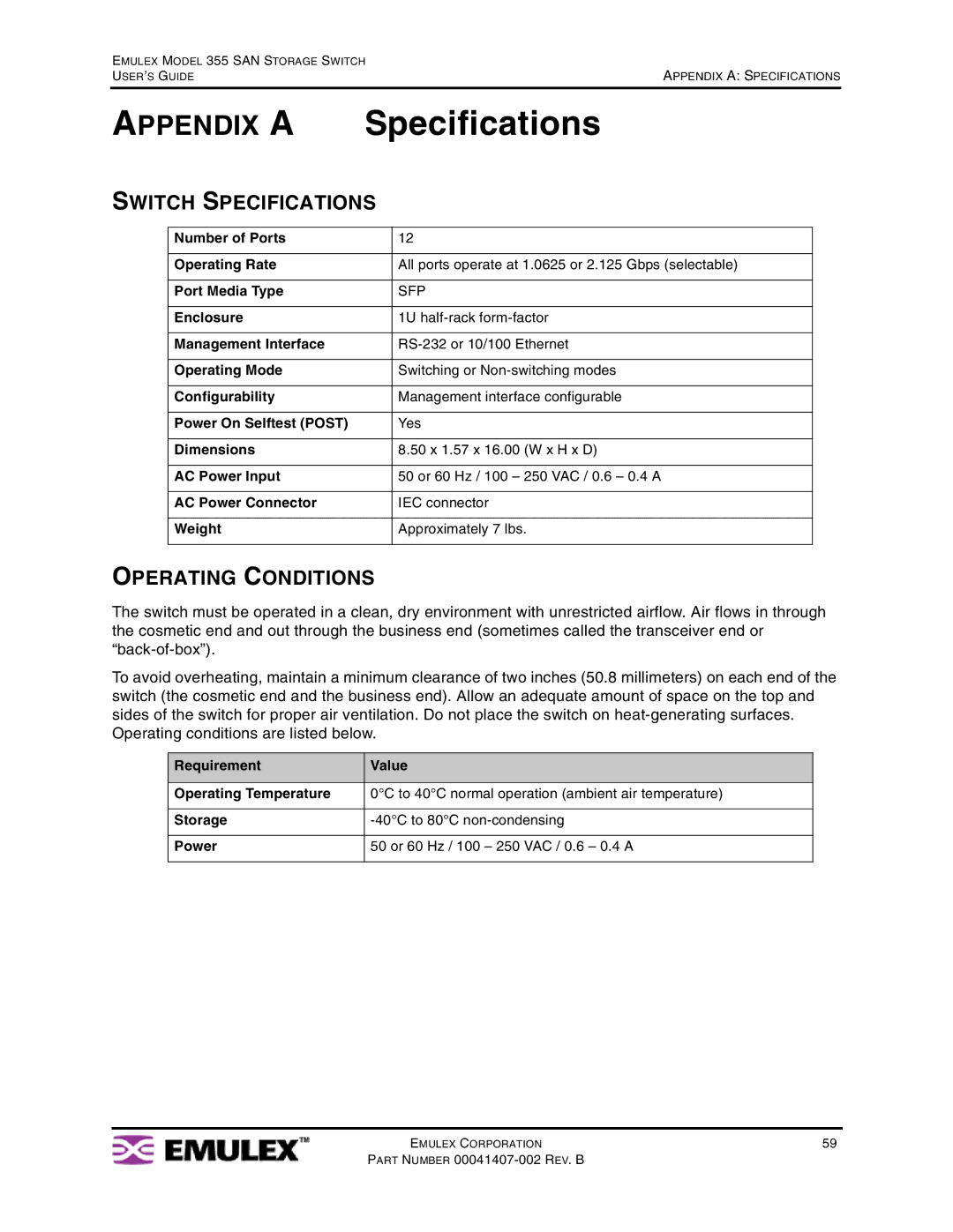 Emulex 355 manual Switch Specifications, Operating Conditions 