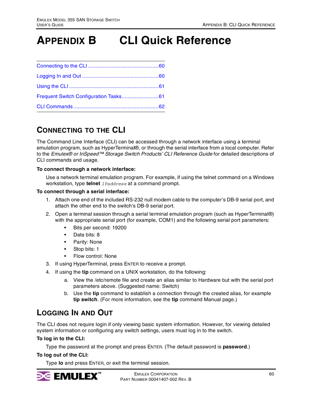 Emulex 355 manual Connecting to the CLI, Logging in and OUT, To connect through a network interface, To log in to the CLI 