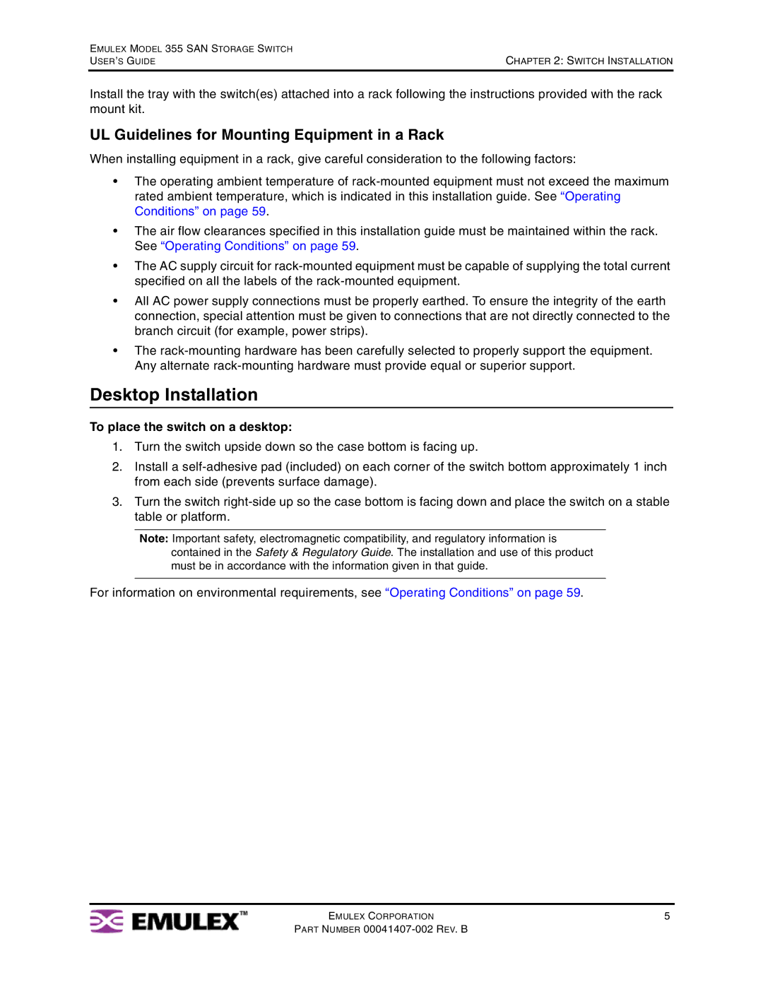 Emulex 355 manual Desktop Installation, UL Guidelines for Mounting Equipment in a Rack, To place the switch on a desktop 