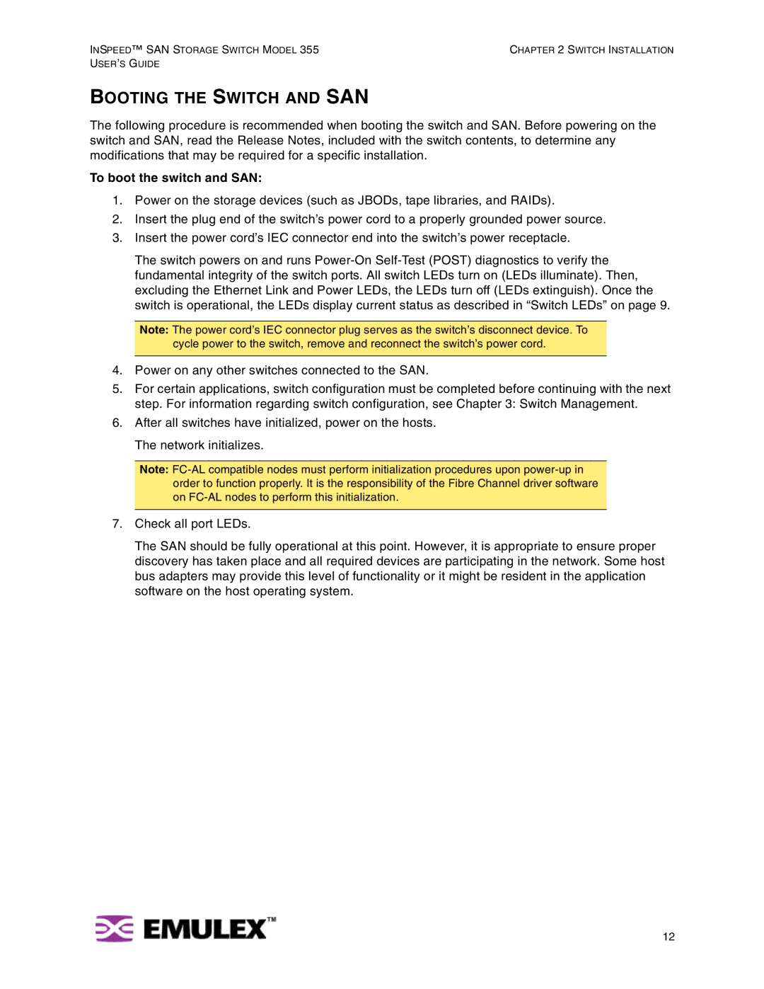 Emulex 355 manual Booting the Switch and SAN, To boot the switch and SAN 