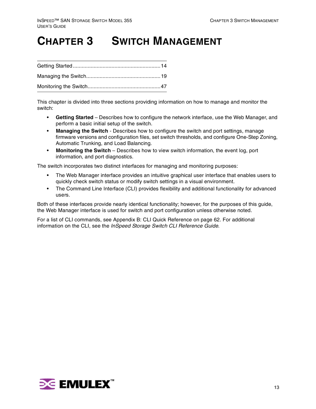 Emulex 355 manual Switch Management 