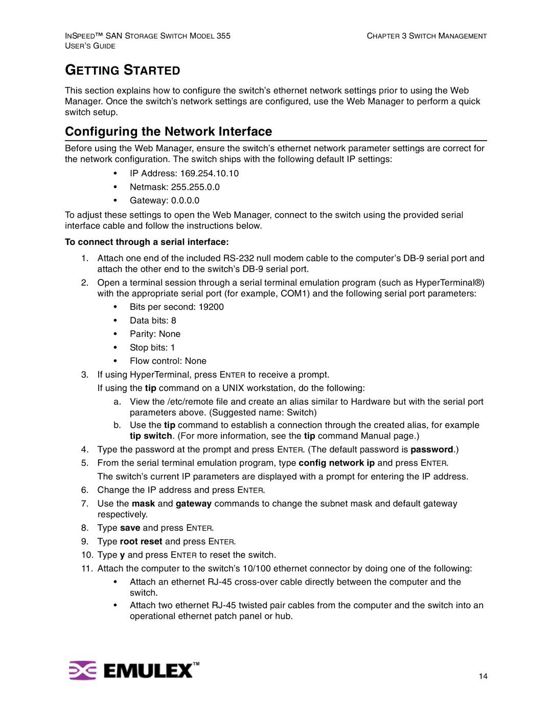 Emulex 355 manual Configuring the Network Interface, Getting Started, To connect through a serial interface 