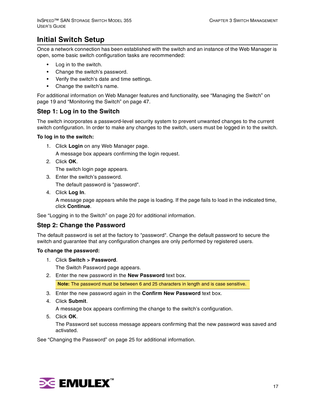 Emulex 355 manual Initial Switch Setup, Log in to the Switch, Change the Password, To log in to the switch 