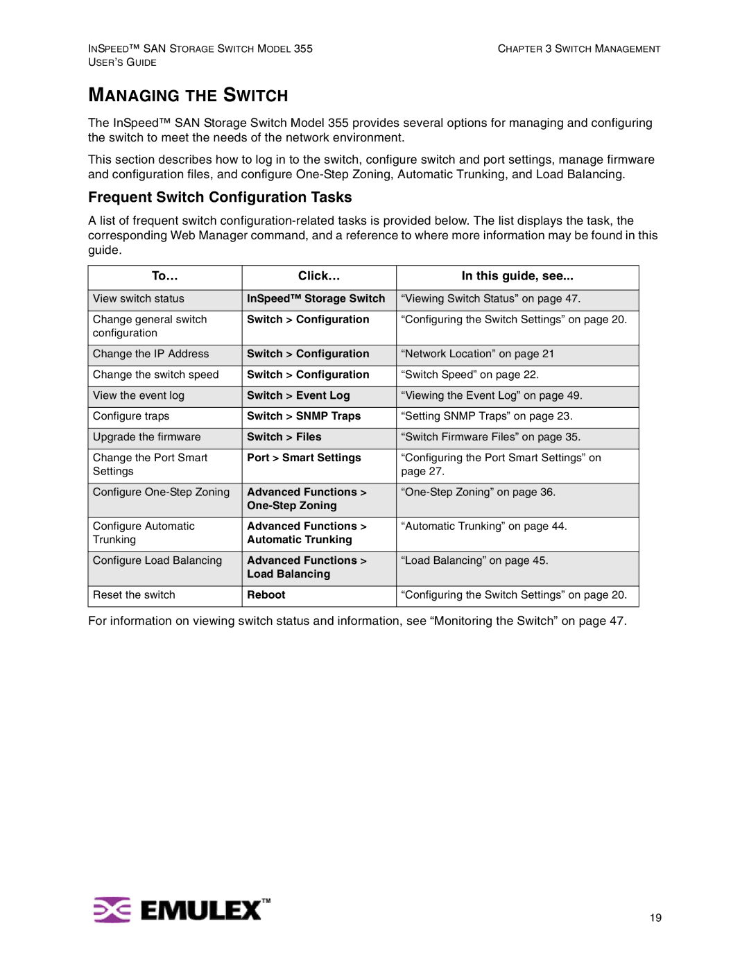 Emulex 355 manual Managing the Switch, Frequent Switch Configuration Tasks, To… Click… This guide, see 