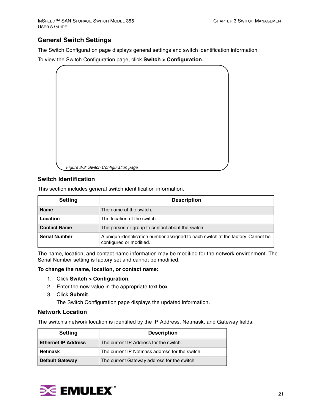 Emulex 355 manual General Switch Settings, Switch Identification, Network Location, Setting Description 