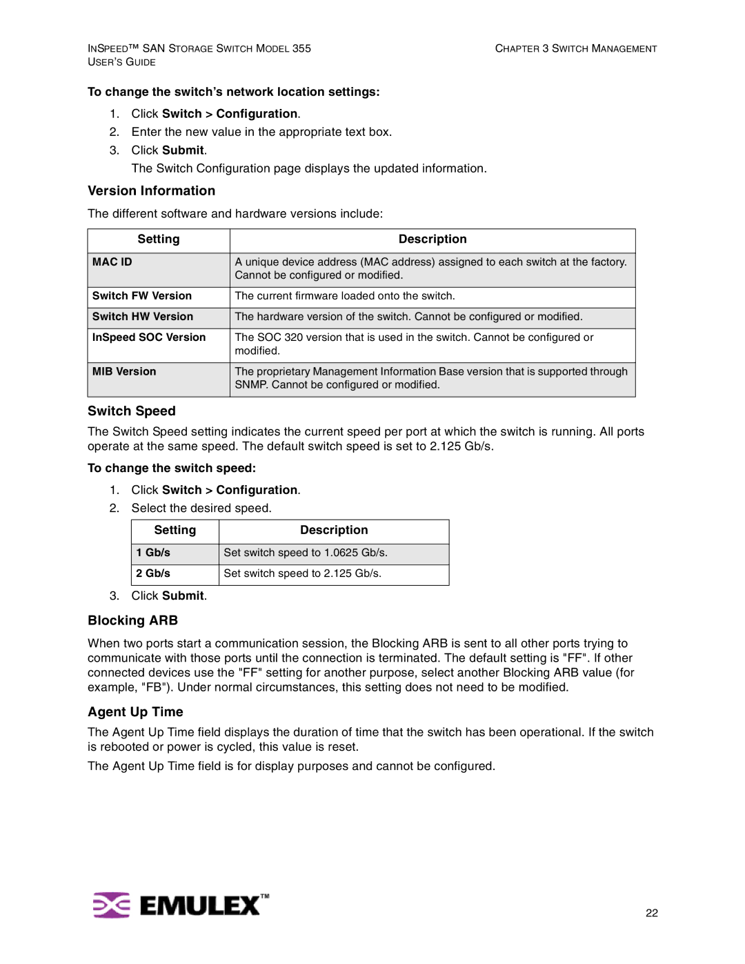 Emulex 355 manual Version Information, Switch Speed, Blocking ARB, Agent Up Time 