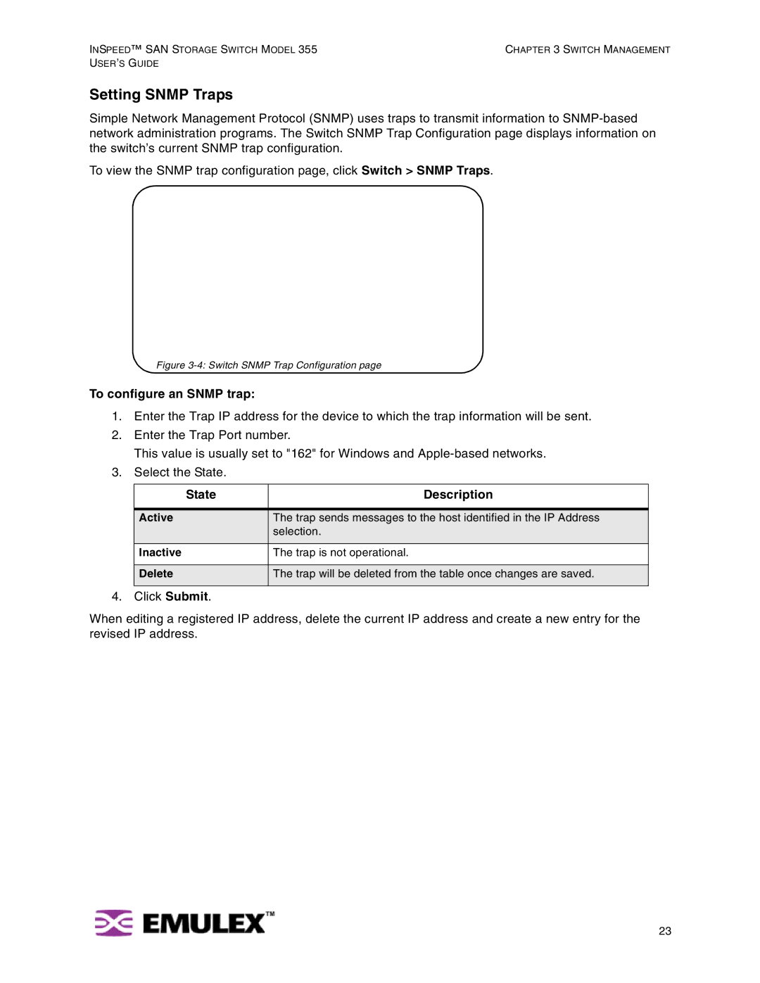 Emulex 355 manual Setting Snmp Traps, To configure an Snmp trap, State Description 