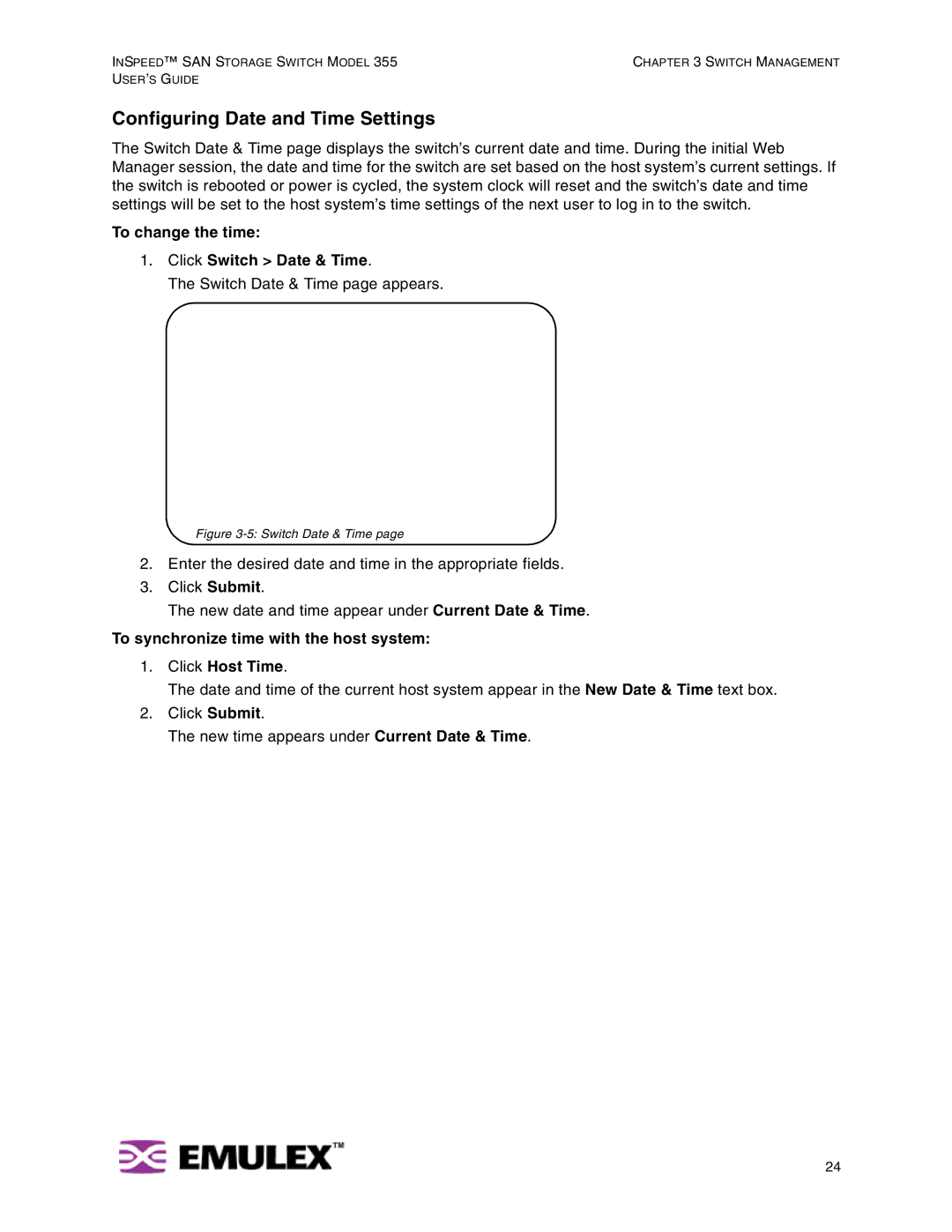 Emulex 355 manual Configuring Date and Time Settings, To change the time Click Switch Date & Time 