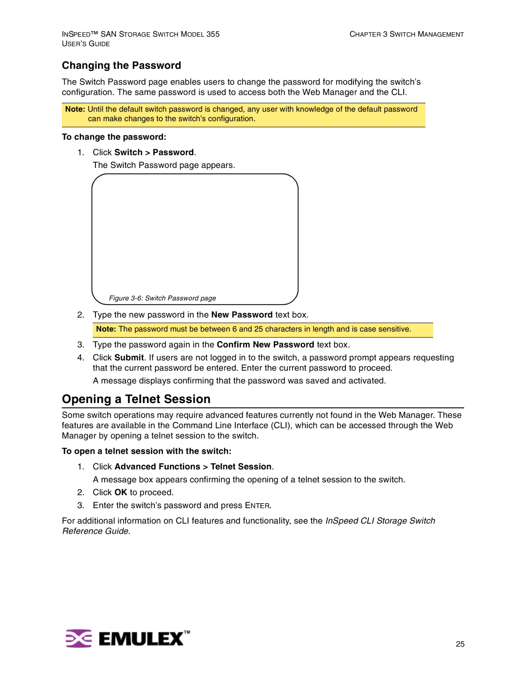 Emulex 355 manual Opening a Telnet Session, Changing the Password 