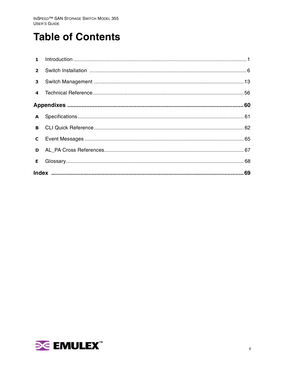 Emulex 355 manual Table of Contents 