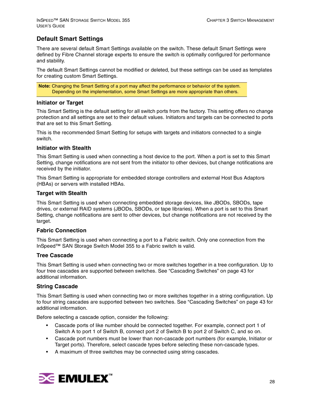 Emulex 355 manual Default Smart Settings 